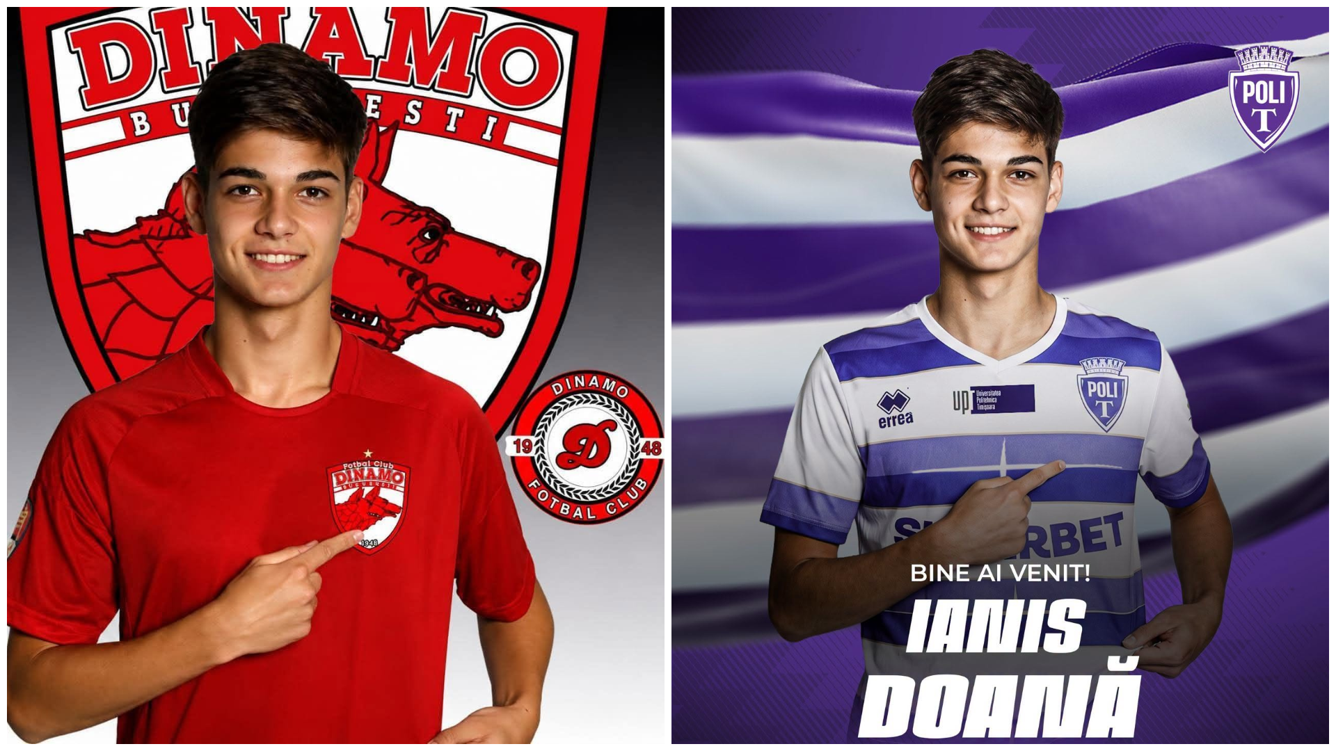 Afișul de prezentare cu Ianis Doană la Știința Poli Timișoara este o clonă cu AI după un afiș neoficial a prezentării jucătorului la Dinamo, făcut de fanii echipei bucureștene.